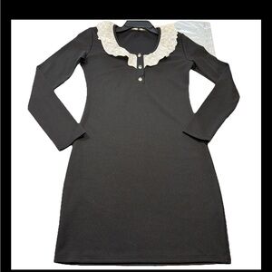 Black Knit LOLITA Short Dress Round White Lace Neck Long Sleeves Bodycon Sexy S